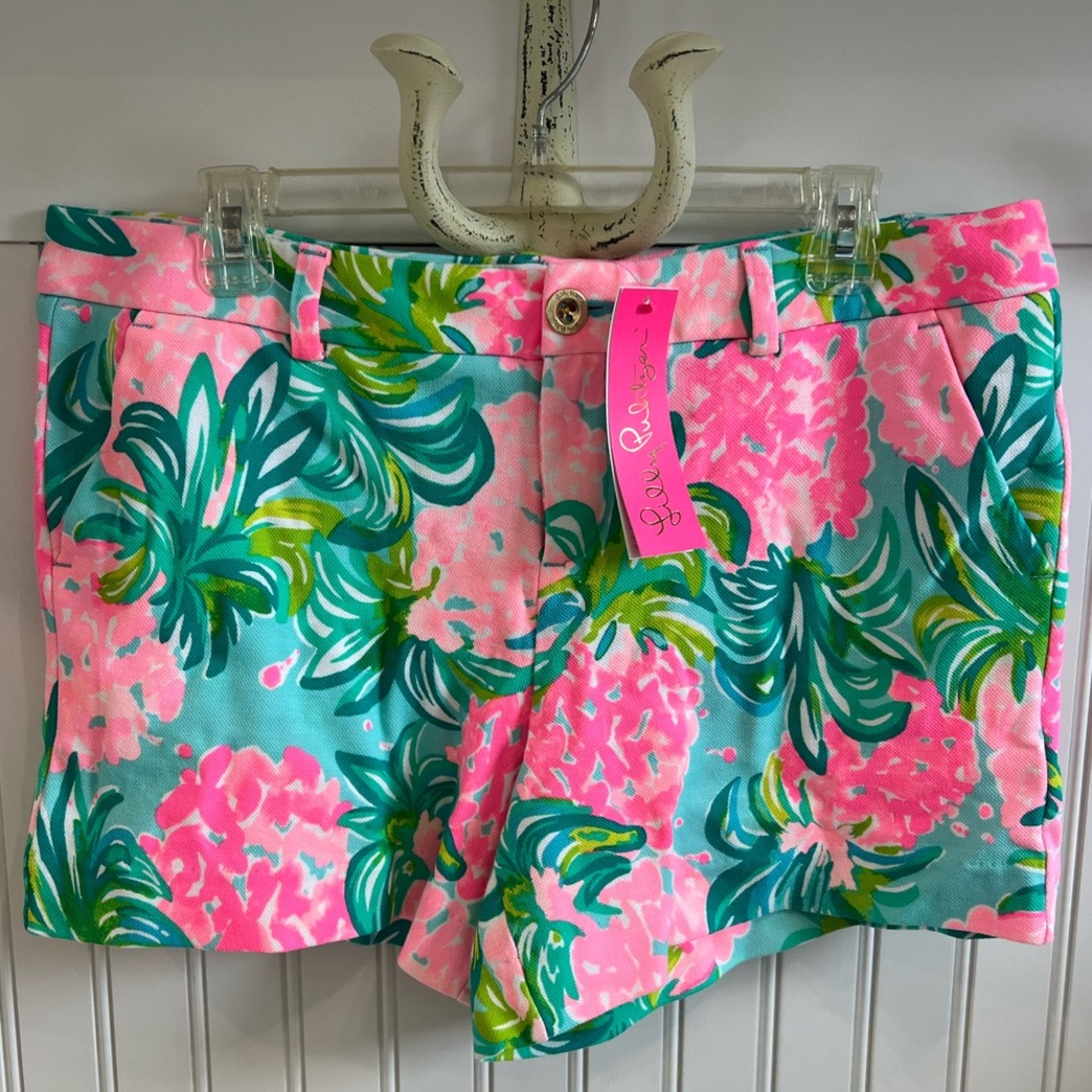 Lilly Pulitzer Green and Pink Bermuda Shorts Vibrant Tropical Design